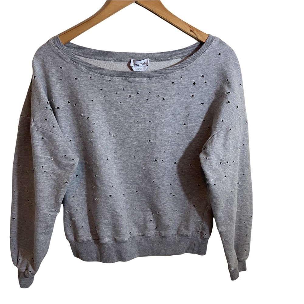 Bebe Distressed Sweatshirt Pullover Grey Holey Womens Sz S 100% Cotton